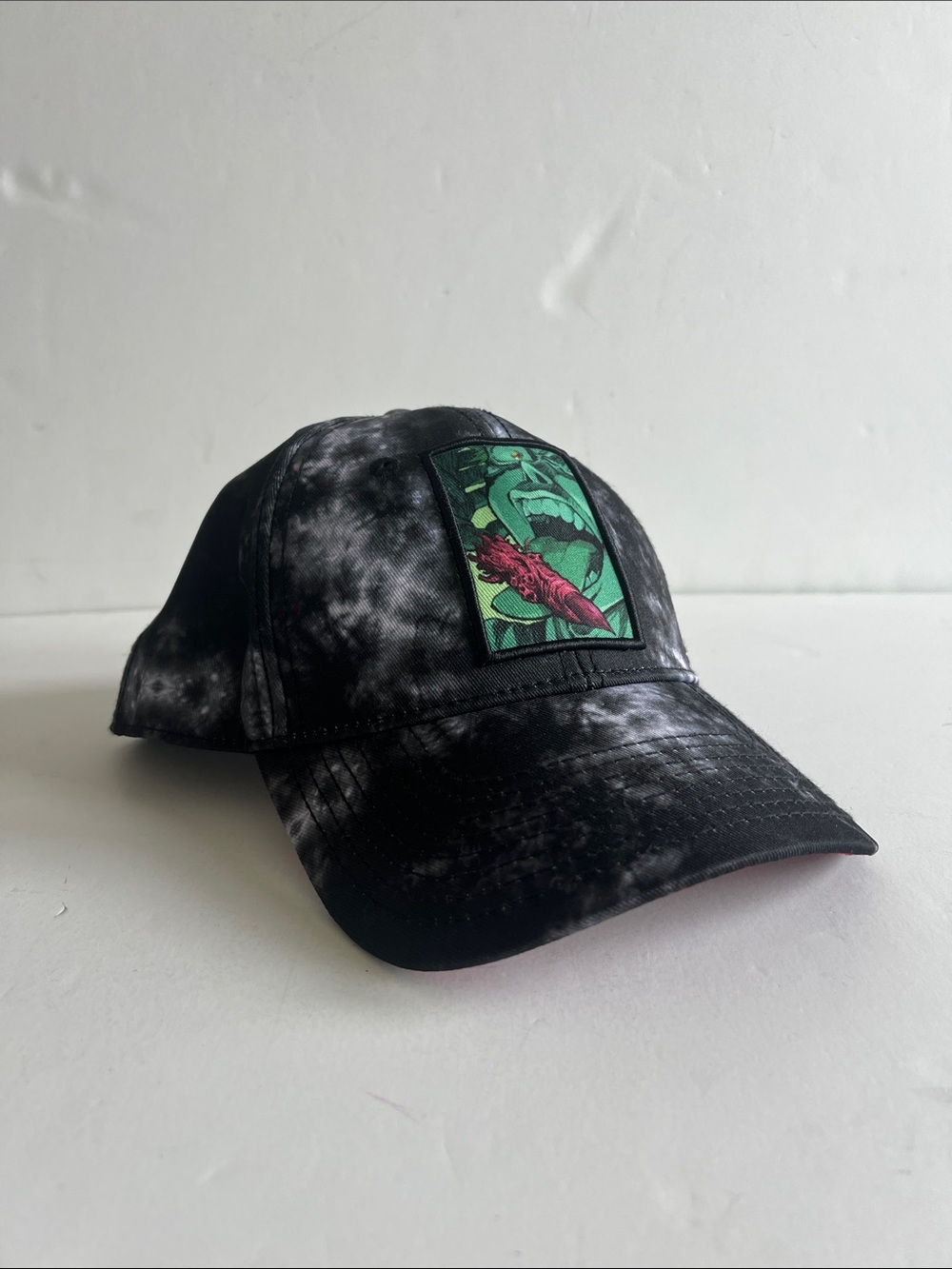 Black Tie-Dye Baseball Cap with Green & Pink Graphic Patch